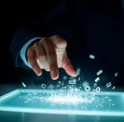 Hand touching a futuristic digital interface